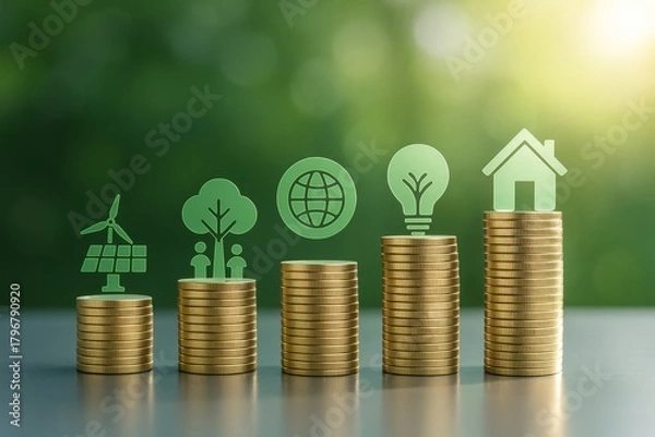 Fototapeta Stacks of coins with green eco icons showing renewable energy, environment, and sustainability concept on blurred nature background in warm light. Ai generative
