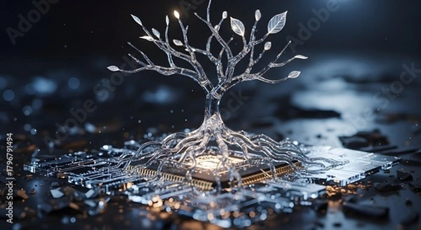 Fototapeta A detailed close-up of a metallic tree sculpture with circuit board roots, symbolizing technology and innovation, illuminated against a dark background with bokeh effects