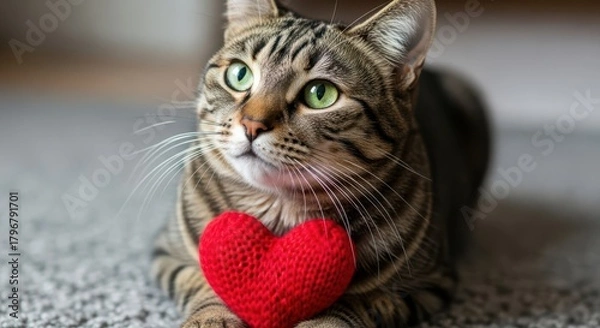 Obraz Cute Tabby Cat with Red Heart Plush – Adorable Valentine and Love-Themed Photo
