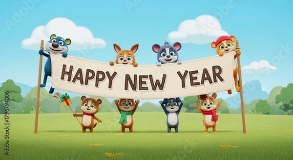 Obraz Happy New Year Festive Celebration With Cute Animals