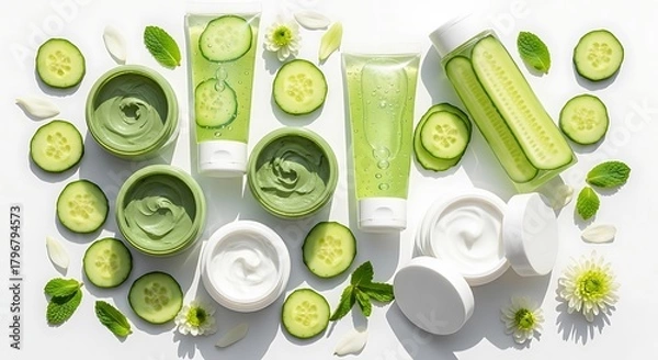 Fototapeta Pamper your skin with natural cucumber skincare products for a refreshing beauty routine, perfect for a spa day or everyday wellness ritual