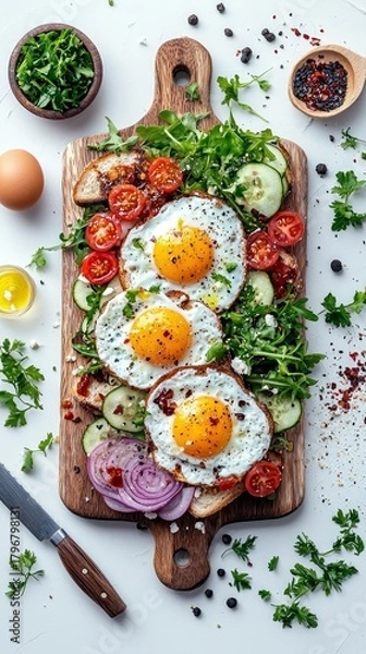 Fototapeta A vibrant and appetizing breakfast spread featuring three perfectly fried eggs atop toast, adorned with fresh vegetables and herbs.