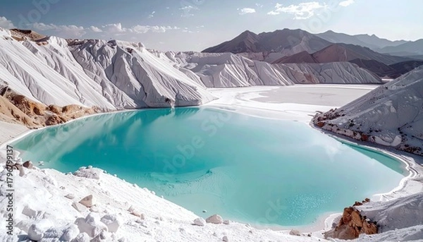 Fototapeta A vibrant turquoise lake is nestled within a landscape of white mineral deposits, with rugged mountains visible in the background under a bright sky.