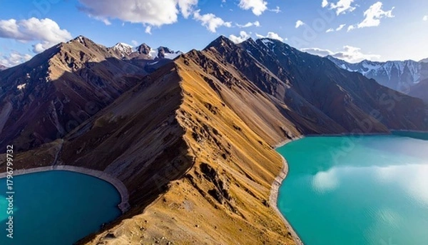 Fototapeta A stunning aerial view of a vibrant turquoise lake curving around a sharp, golden mountain ridge, with snow-capped peaks in the distance under a clear blue sky.