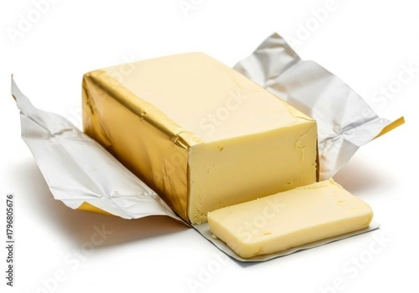 Fototapeta Block of butter unwrapped from gold foil on white background