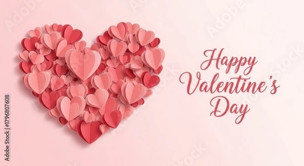 Obraz A large heart shape composed of many small pink and red paper hearts, with the text happy valentines day on a soft pink background