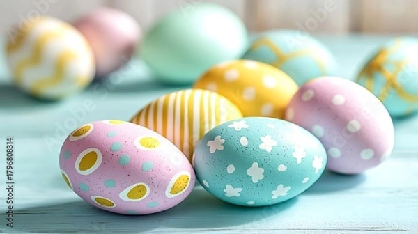 Fototapeta Soft sunlight shining across pastel blue surface with Easter eggs randomly placed