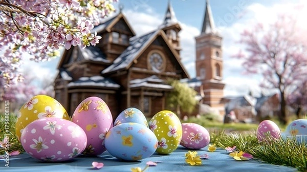 Fototapeta Soft sunlight shining across pastel blue surface with Easter eggs randomly placed