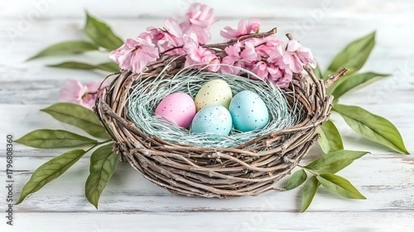 Fototapeta Gentle spring background with bright eggs among soft green leaves under daylight