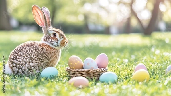 Fototapeta Calm pastel tone showing bunny beside small basket of eggs under glowing daylight