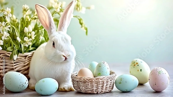 Fototapeta Calm pastel tone showing bunny beside small basket of eggs under glowing daylight