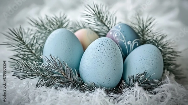 Fototapeta Clean background design featuring light blue tone and warm radiance around colorful eggs