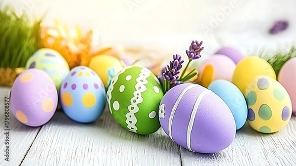 Fototapeta Calming purple setup combining lavender blossoms and soft Easter colors under natural light tones