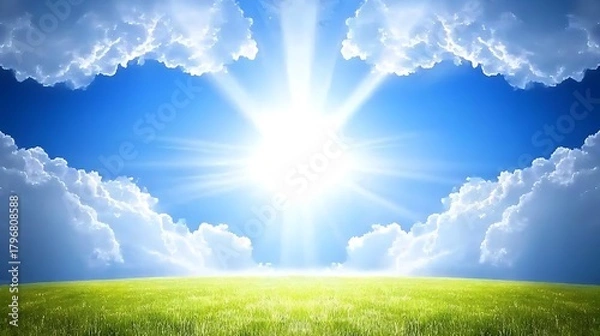 Fototapeta Warm sun rays illuminating grassy field under vivid blue sky with glowing morning atmosphere