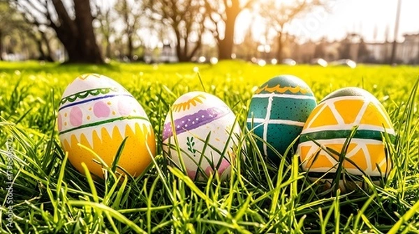 Fototapeta Bright springtime background blending multiple pastel hues and decorated eggs under sunlight