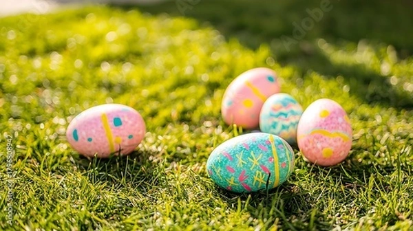 Fototapeta Colorful Easter setup across fresh grass meadow illuminated by sunlight and soft shadows