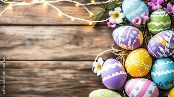 Fototapeta Colorful Easter setup combining fresh blossoms and pastel tones illuminated by soft natural light