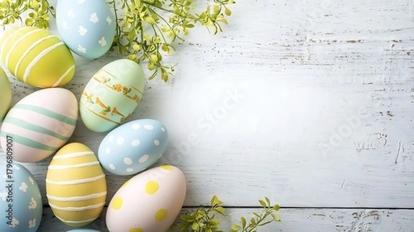Fototapeta Balanced white background with colorful eggs leaving blank zone for advertising text