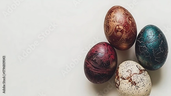 Fototapeta Balanced white background with colorful eggs leaving blank zone for advertising text