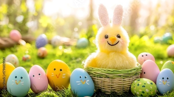 Fototapeta Bright studio shot with Easter basket placed on clean surface under natural sunlight