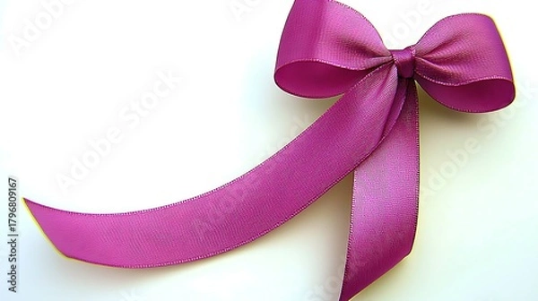 Fototapeta Bright white minimal background with satin pink ribbon tied delicately and softly lit