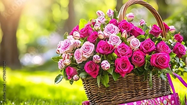 Fototapeta Calm neutral Easter composition featuring simple basket arrangement under daylight