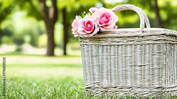 Fototapeta Calm neutral Easter composition featuring simple basket arrangement under daylight