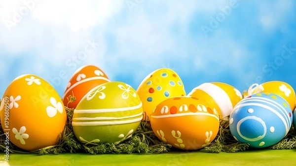 Fototapeta Clear blue sky above green meadow scattered with colorful Easter eggs under bright daylight