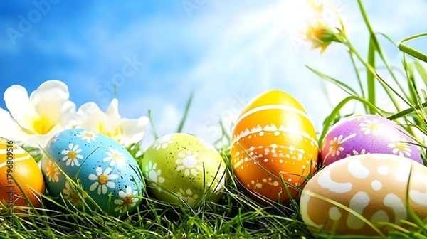 Fototapeta Clear blue sky above green meadow scattered with colorful Easter eggs under bright daylight