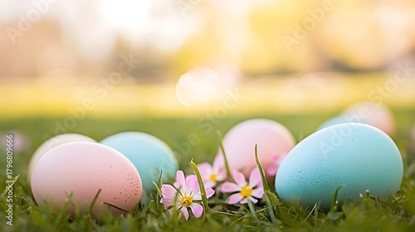 Fototapeta Close-up of multicolored eggs lying on grass with flowers reflecting gentle morning light