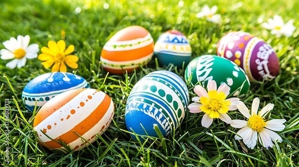 Fototapeta Close-up of multicolored eggs lying on grass with flowers reflecting gentle morning light