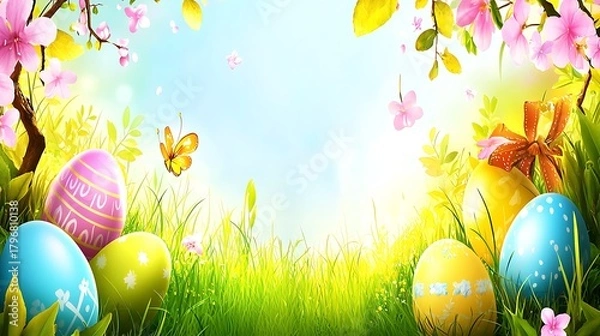 Fototapeta Springtime field scene showing eggs scattered across vibrant green under clear blue sky