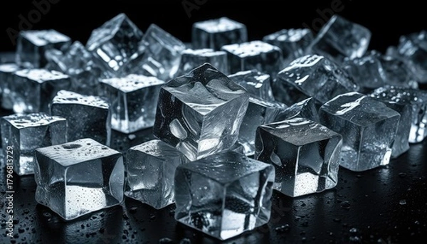 Fototapeta Crystal Clear Ice Cubes Pile - Refreshing Coldness, Dramatic Lighting, Perfect for Beverages & Summer Concepts