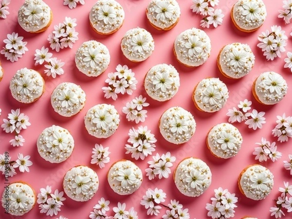 Obraz Delicate Pink Cupcakes with White Flowers: A Sweet & Romantic Dessert Arrangement