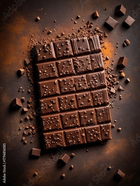 Fototapeta Dark Chocolate Bar with Cocoa Crumbs - Rich Indulgence, Gourmet Dessert, Top View, Food Photography, Delicious Treat