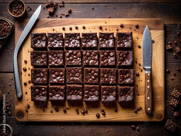 Fototapeta Decadent Homemade Chocolate Fudge Brownies: Moist Squares with Chocolate Chips on a Rustic Wooden Board ? Irresistible Dessert