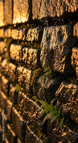 Fototapeta Close-up of a weathered brick wall with moss and small plants growing between the cracks, illuminated by warm sunlight creating a textured and natural appearance