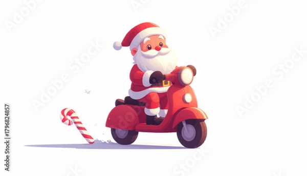 Fototapeta Santa Claus on a Scooter with a Candy Cane, spreading Holiday Cheer, vectorized, detailed vector