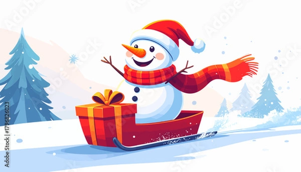 Fototapeta Festive Fun A Cheerful Snowman Sledding with a Gift Box in Winter Wonderland