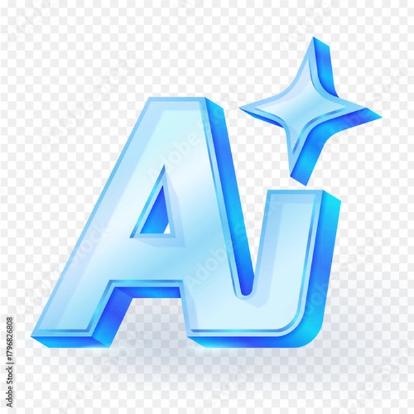 Fototapeta Glossy 3d AI icon in blue with sparkling star, representing artificial intelligence, technology and innovation. Perfect for tech related designs and digital projects. Vector illustration.
