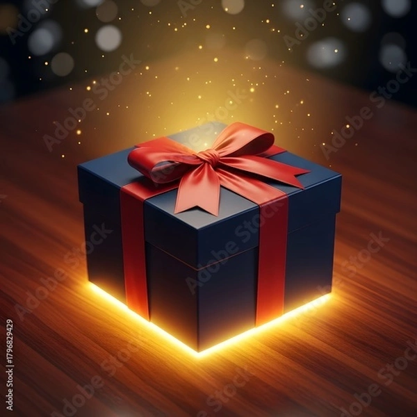 Fototapeta A beautifully wrapped gift box with a red ribbon and bow, glowing softly on a wooden surface with festive light effects in the background