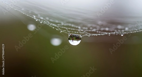 Fototapeta Close-up of a delicate spider web with tiny water droplets hanging from the strands in a natural outdoor setting during daytime