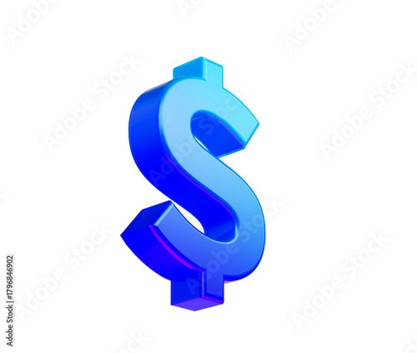 Obraz 3D Glossy dollar symbol in blue gradient with beveled curves and soft reflections, 3D Illustration