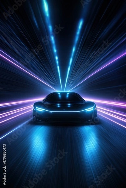 Obraz Futuristic electric car driving on road surrounded by blue and purple neon lights with dark background and light rays