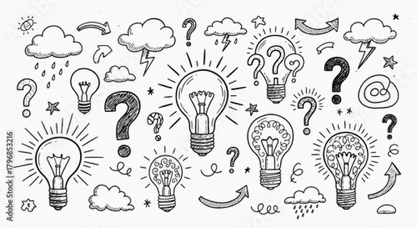 Fototapeta Creative black and white sketch of light bulbs and question marks