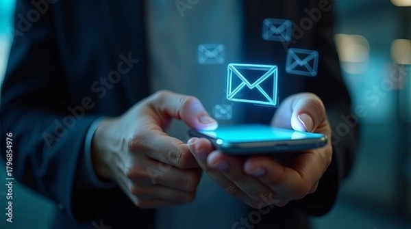 Fototapeta Male hands holding a smartphone with glowing email icons above it, representing digital communication and modern technology.