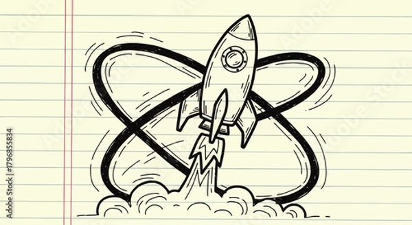 Fototapeta Handdrawn rocket looping through atomic symbol on lined paper
