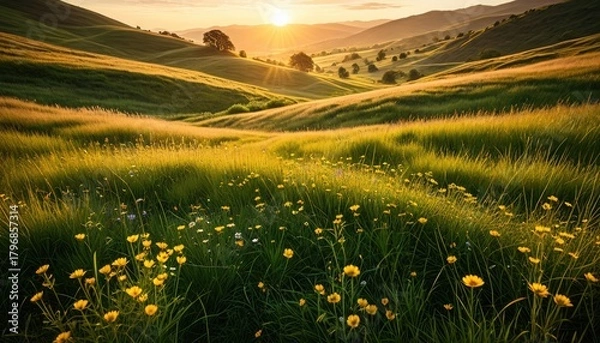 Obraz Golden Hour Meadow: Rolling Hills and Wildflowers at Sunset - Scenic Landscape Photography