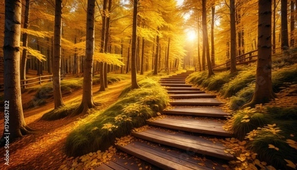 Obraz Golden Hour Forest Path: Serene Wooden Staircase Leading to Sunlight - Autumn Landscape Photography, Nature's Beauty