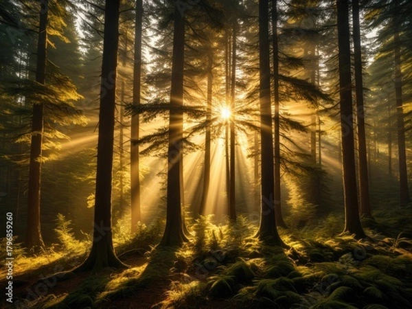Obraz Golden Hour Forest Light: Sunbeams Streaming Through Tall Trees in a Lush Woodland - Nature's Serenity